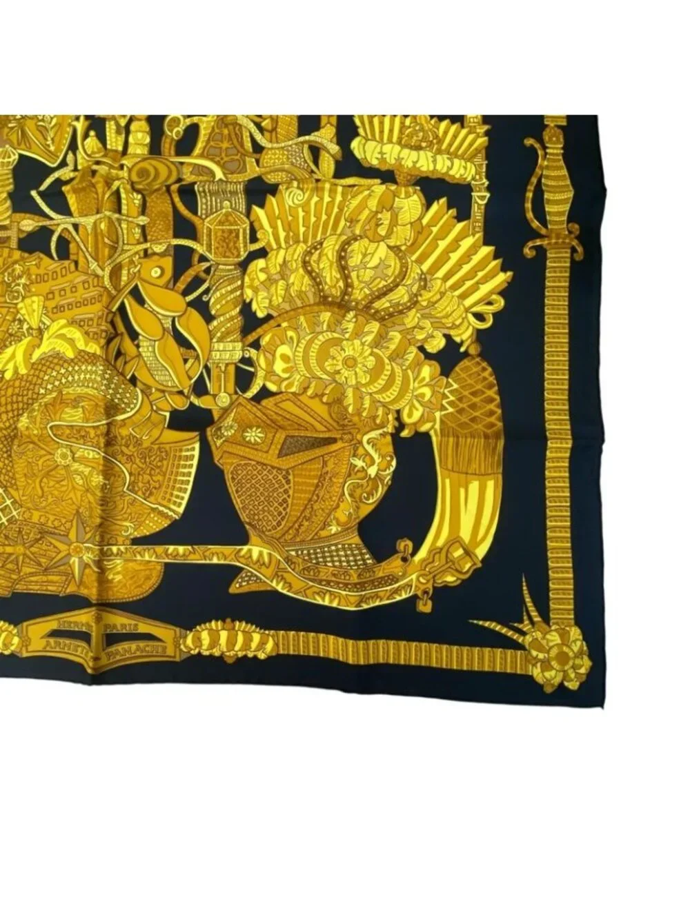 Hermes Carre 90 Armets En Panache Feathered Cavalry Helmet Black Gold Scarf